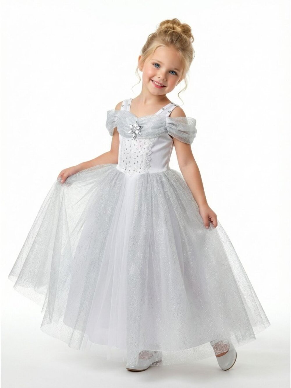 Girls Cinderella Princess Costume Dress White Silver Glitter Tulle Birthday Part